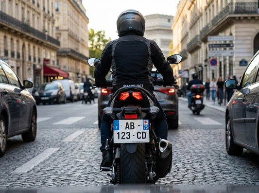 Motard sur moto avec plaque d'immatriculation AB-123-CD dans une rue parisienne.