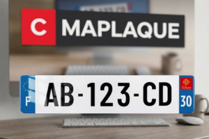 Plaque d'immatriculation devant fond Cmaplaque (logo)